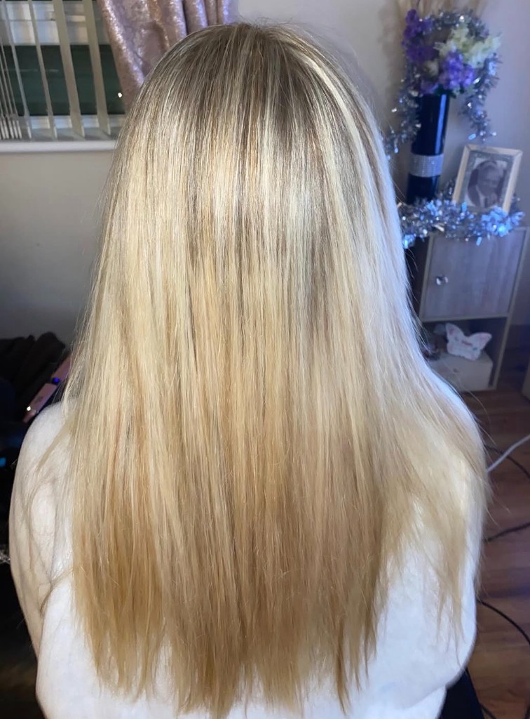 Long blonde hair after a home visit
