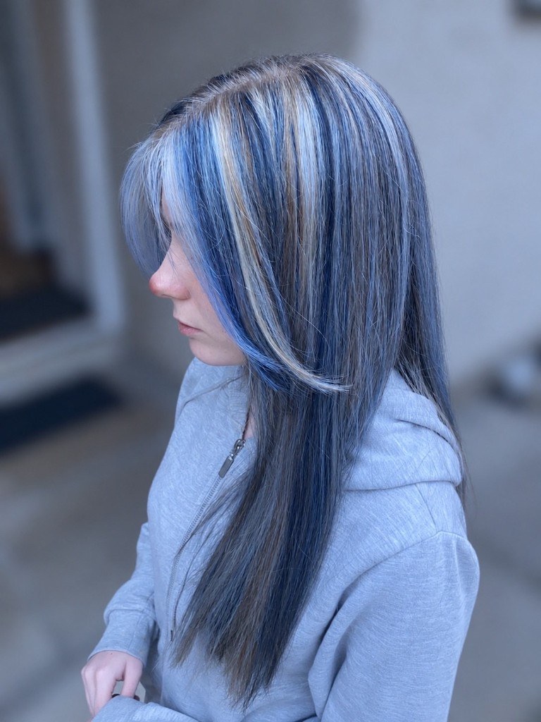 Dark hair with icy blue highlights